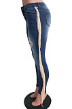 Dark Blue Casual Hole Tassel Trendy Jeans Long Pants SN3658