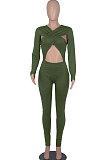 Army Green Long Sleeve Sexy Tight Club High Waist Solid WaistBodycon Jumpsuits FMM2062-3