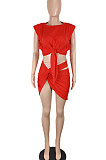 Red Womne Sexy Club Pure Color Shirred Detail Skirts Sets SH7274-2