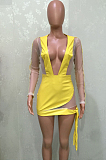 Yellow New PU+Mesh Spliced Low-Cut Long Sleeve Bandage Sexy Mini Dress BN9293-1