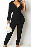 Yellow Fashion One Sleeve Chain Long Sleeve V Neck Belt Long Pants Suit Two-Piece BS1283-4