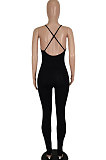 Black Women Sexy Backless Solid Color Club Condole Belt Bodycon Jumpsuits SH7275-1