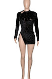 Black Women Hollow Out Sexy Zipper Long Sleeve Mini Dress SN390161-2