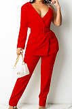 Blue Fashion One Sleeve Chain Long Sleeve V Neck Belt Long Pants Suit Two-Piece BS1283-2