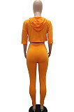 Orange Women Fashion Casual Pure Color Personality Blouse Hooded Long Panst Sets MR2101-1