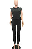 Black Women Trendy Casual Solid Color Shoulder Pads Sleeveless Pants Sets MR2114-1