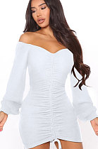 White Women Off Shoulder Long Sleeve Loose Solid Color Shirred Detail Mini Dress FMM2065-1