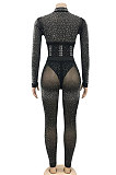 Black Hot Drilling Fashion Long Sleeve V Neck Long Pants Sets XZ5206-1