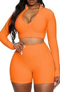 Orange Euramerican Women Bodycon Pure Color Long Sleeve Casual Yoga Sport Shorts Sets SN390110-5