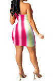 Red Women Rainbow Printing One Shoulder Condole Belt Sexy Crop Drawsting Mini Dress AYQ0503-2