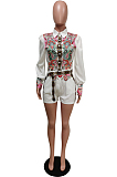 Yellow New Digital Printing Long Sleeve Lapel Neck Single-Breasted Shirt Tied Romper Shorts F88379-2