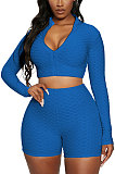 Blue Euramerican Women Bodycon Pure Color Long Sleeve Casual Yoga Sport Shorts Sets SN390110-8