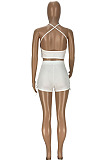 Rose Red Summer New Condole Belt Backless Eyelet Bandage Crop Top High Waist Shorts Solid Colur Two-Piece YT3287-3