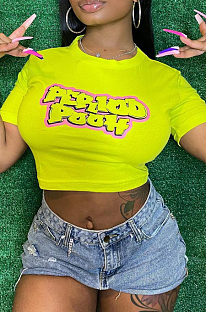 Yellow Cute Cotton Blend Letter Printing Short Sleeve O Collar Crop T-Shirts  CCN1850-1