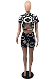 Black Printing Hollow Out O Neck Short Sleeve Casual Shorts Two-Piece HMR6014