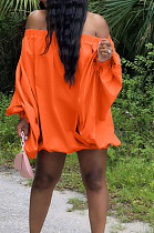 Orange Cute Solid Colur Lantern Sleeve A Word Shoulder Loose Mini Dress YT3286-3