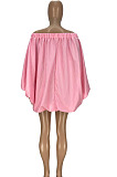 Pink Cute Solid Colur Lantern Sleeve A Word Shoulder Loose Mini Dress YT3286-1