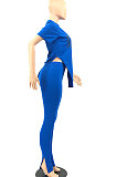 Blue Women Printing Fashion Short Sleeve Round Neck Split Pants Sets AYQ0501-1