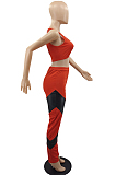 Red Summer Sleeveless Dew Waist Strapless Imitation Leather Spliced Long Pants Sports Sets YMM9082-2