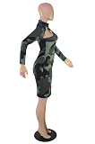Army Green Camouflage Printing Half High Neck Long Sleeve Hollow Out Collcet Waist Hip Dress YMM9055-1