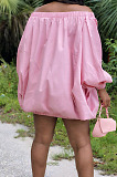 Pink Cute Solid Colur Lantern Sleeve A Word Shoulder Loose Mini Dress YT3286-1