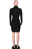 Black Ribber Square Neck Long Sleeve Embroidery Zipper Sexy Hip Dress HH8983-4