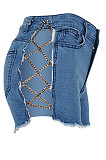 Light Blue Women High Elastic Sexy Low Waist Chain Jeans Shorts YYZ941