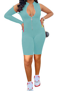 Sky Blue Euramerican Women Zipper Off Shoulder Single Sleeve Solid Color Romper Shorts AYQ0506-2