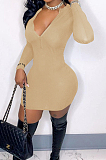 Light Green Ribber Square Neck Long Sleeve Embroidery Zipper Sexy Hip Dress HH8983-3