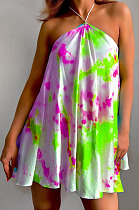 Green Sexy Halter Neck Backless Digital Tie Dye Printing Loose Swing Dress ZDD31157-2