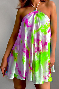 Green Sexy Halter Neck Backless Digital Tie Dye Printing Loose Swing Dress ZDD31157-2