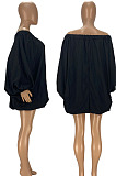 Black Cute Solid Colur Lantern Sleeve A Word Shoulder Loose Mini Dress YT3286-4