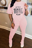 Pink Women Printing Fashion Short Sleeve Round Neck Split Pants Sets AYQ0501-2