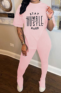 Pink Women Printing Fashion Short Sleeve Round Neck Split Pants Sets AYQ0501-2