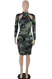 Army Green Camouflage Printing Half High Neck Long Sleeve Hollow Out Collcet Waist Hip Dress YMM9055-1