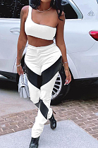 White Summer Sleeveless Dew Waist Strapless Imitation Leather Spliced Long Pants Sports Sets YMM9082-1