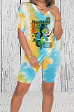 Yellow Casual Printing V Neck Short Sleeve T-Shirt Shorts Two-Piece HMR6018-2