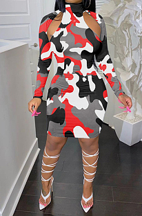 Red Camouflage Printing Half High Neck Long Sleeve Hollow Out Collcet Waist Hip Dress YMM9055-2