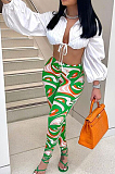 Orange Fashion Lapel Neck Lantern Sleeve Tied  Crop Top High Waist Printing Pants F88380-2
