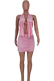 Pink Ruffle Beach Halter Neck Backless Bandage Crop Top Short Skirts Sexy Two-Piece ZDD31152-1