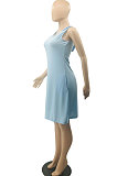 Light Blue Hooded U Neck Solid Color Sleeveless Trendy Mini Dress AYQ0507-1