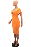 Orange New Night Club Short Sleeve V Neck Beaded Zip Back Bodycon Dress HH8825-5