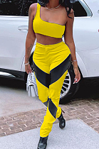 Yellow Summer Sleeveless Dew Waist Strapless Imitation Leather Spliced Long Pants Sports Sets YMM9082-3