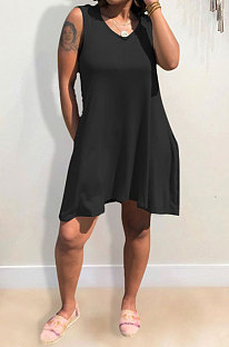 Black Hooded U Neck Solid Color Sleeveless Trendy Mini Dress AYQ0507-3