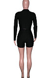 Black Euramerican Women Bodycon Pure Color Long Sleeve Casual Yoga Sport Shorts Sets SN390110-1