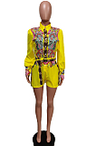 Yellow New Digital Printing Long Sleeve Lapel Neck Single-Breasted Shirt Tied Romper Shorts F88379-2