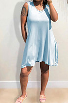 Light Blue Hooded U Neck Solid Color Sleeveless Trendy Mini Dress AYQ0507-1