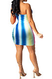 Blue Women Rainbow Printing One Shoulder Condole Belt Sexy Crop Drawsting Mini Dress AYQ0503-1