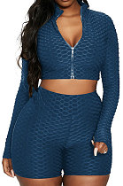 Dark Blue Euramerican Women Bodycon Pure Color Long Sleeve Casual Yoga Sport Shorts Sets SN390110-3
