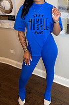 Blue Women Printing Fashion Short Sleeve Round Neck Split Pants Sets AYQ0501-1